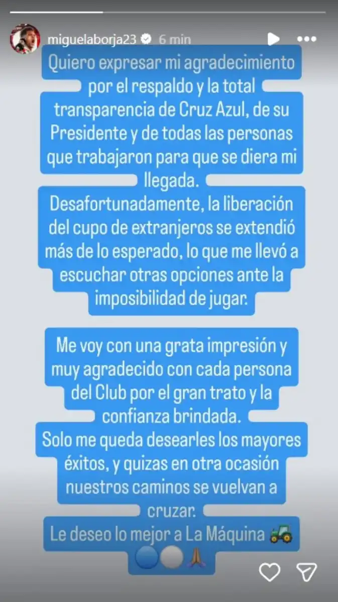 POSTEO. En Instagram, Borja descartó la posibilidad de sumarse al Cruz Azul y agradeció las intenciones de la CD de la 