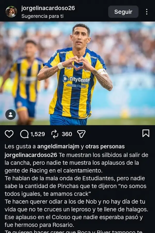 Di María, silbidos en Avellaneda y un fuerte respaldo de Jorgelina Cardoso