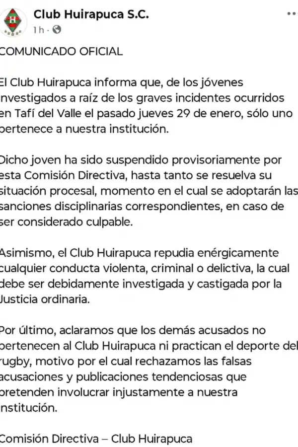 Golpiza en Tafí del Valle: el club Huirapuca suspendió a un jugador y negó vínculos con el resto de los acusados