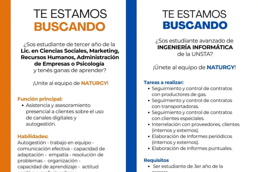 CONVOCATORIA. Naturgy solicita estudiantes avanzados de varias carreras para pasantías en su empresa.
