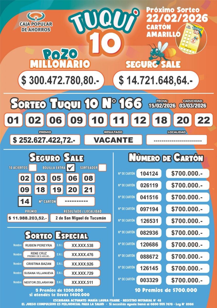 Conocé los resultados del Tuqui 10, de este domingo 15 de febrero de 2026