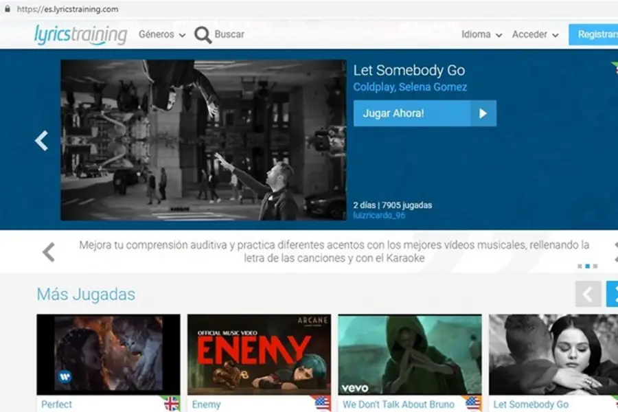 ESTUDIAR CON CANCIONES. Lyrics Training, una web para aprender idiomas gratis. / CAPTURA DE PANTALLA