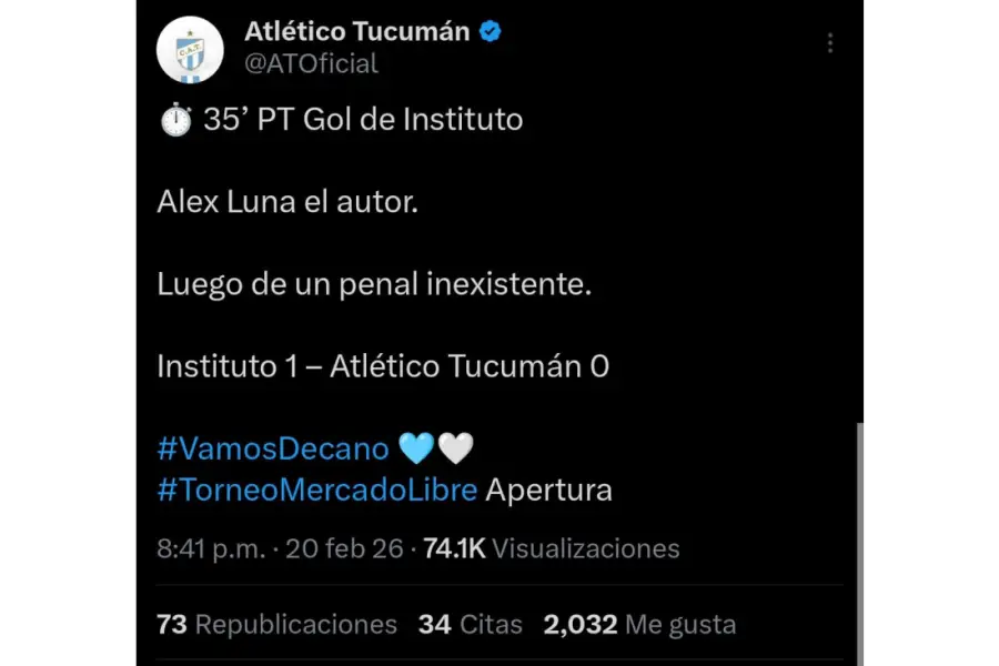 PUBLICACIÓN. Luego de la concreción del penal, que fue ejecutado por Luna, la cuenta de Atlético calificó de 