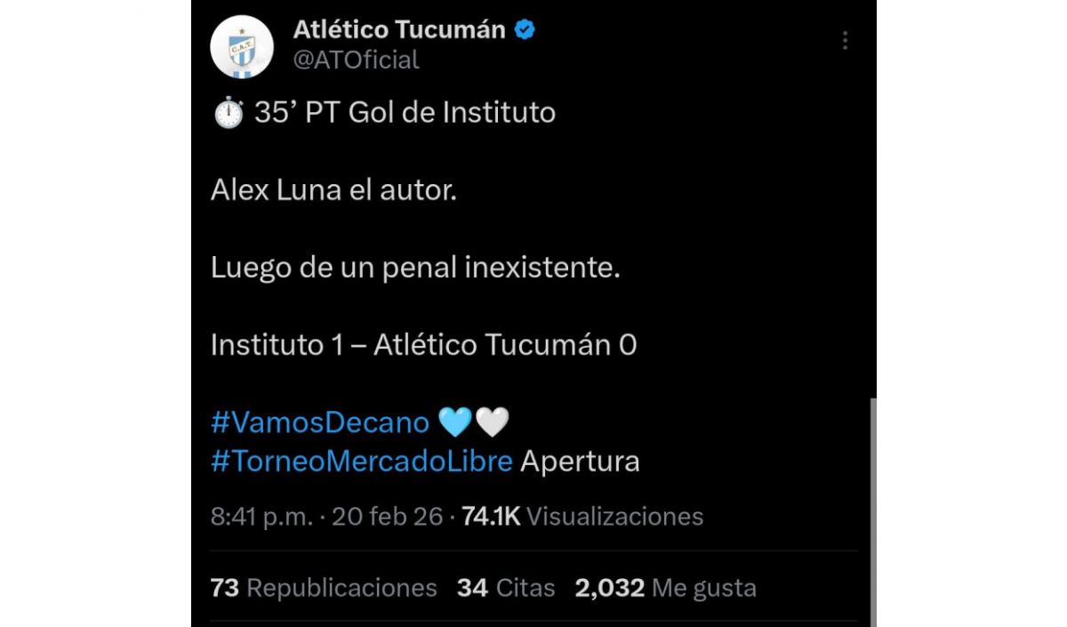 PUBLICACIÓN. Luego de la concreción del penal, que fue ejecutado por Luna, la cuenta de Atlético calificó de 
