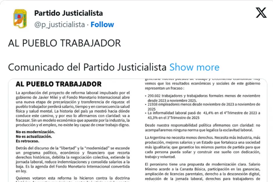 El PJ denunció que la reforma laboral implica un retroceso y vaticinó que va a fracasar
