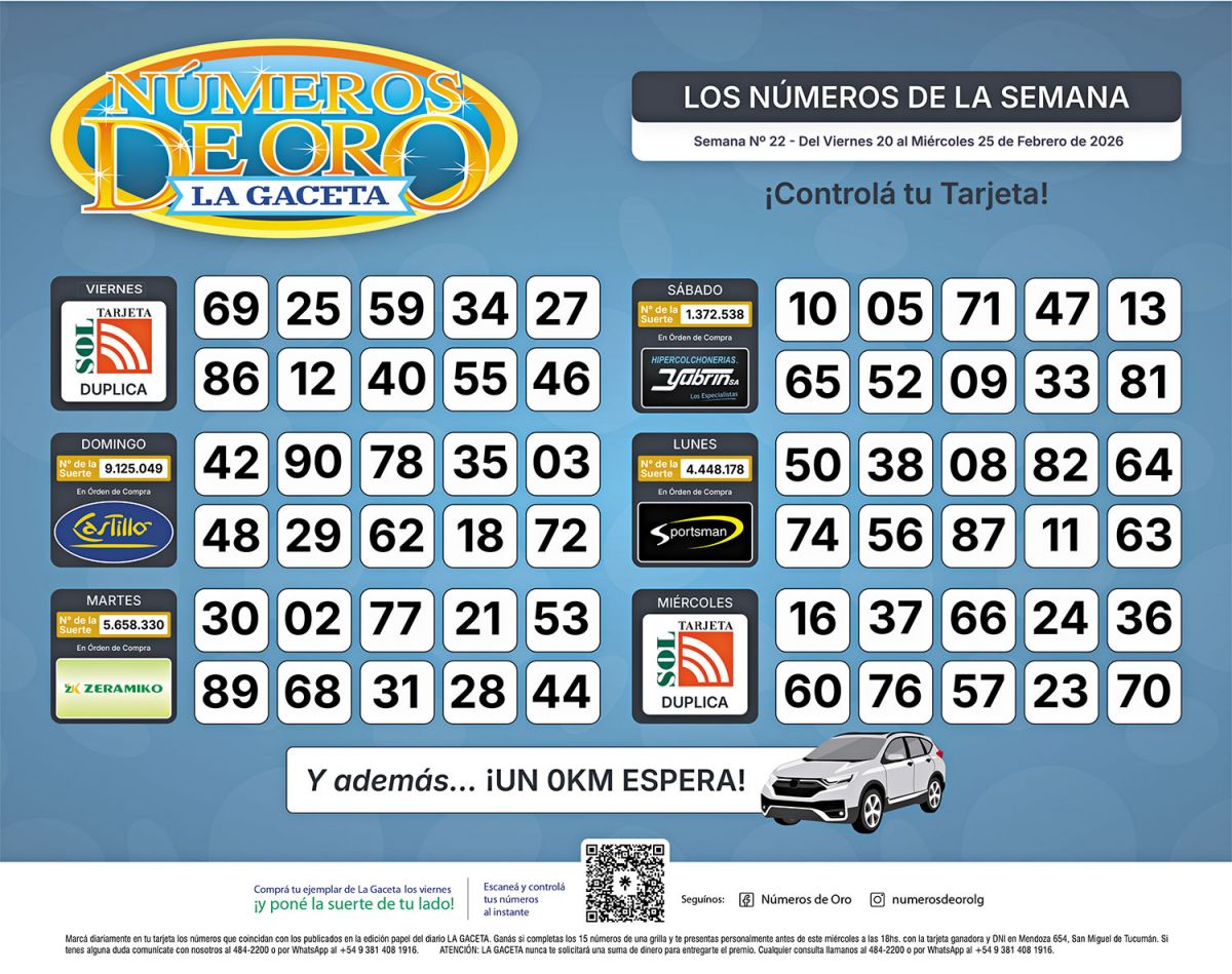 Esta es la grilla completa de los Números de Oro de LA GACETA del 25 de febrero de 2026