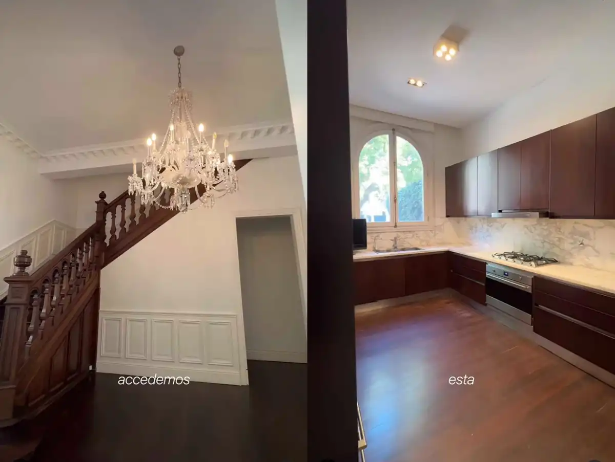 La cocina y la imponente escalera de la mansión en la que vivía Pampita.