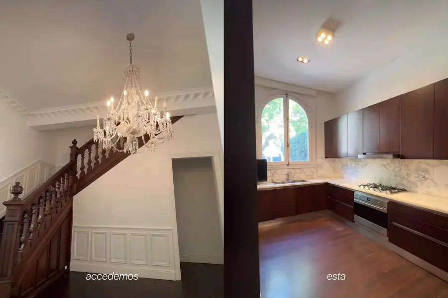 La cocina y la imponente escalera de la mansión en la que vivía Pampita.