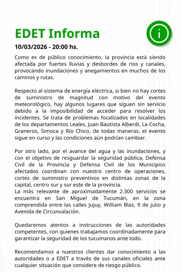 Temporal en Tucumán: aproximadamente 2.300 usuarios afectados por un corte de luz preventivo en la capital