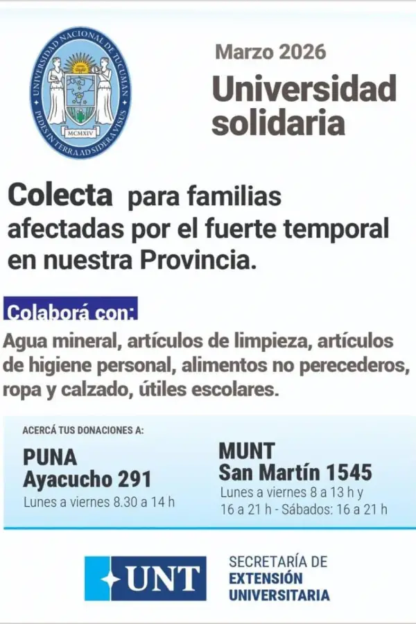 La UNT lanzó una colecta solidaria para asistir a familias afectadas por el temporal