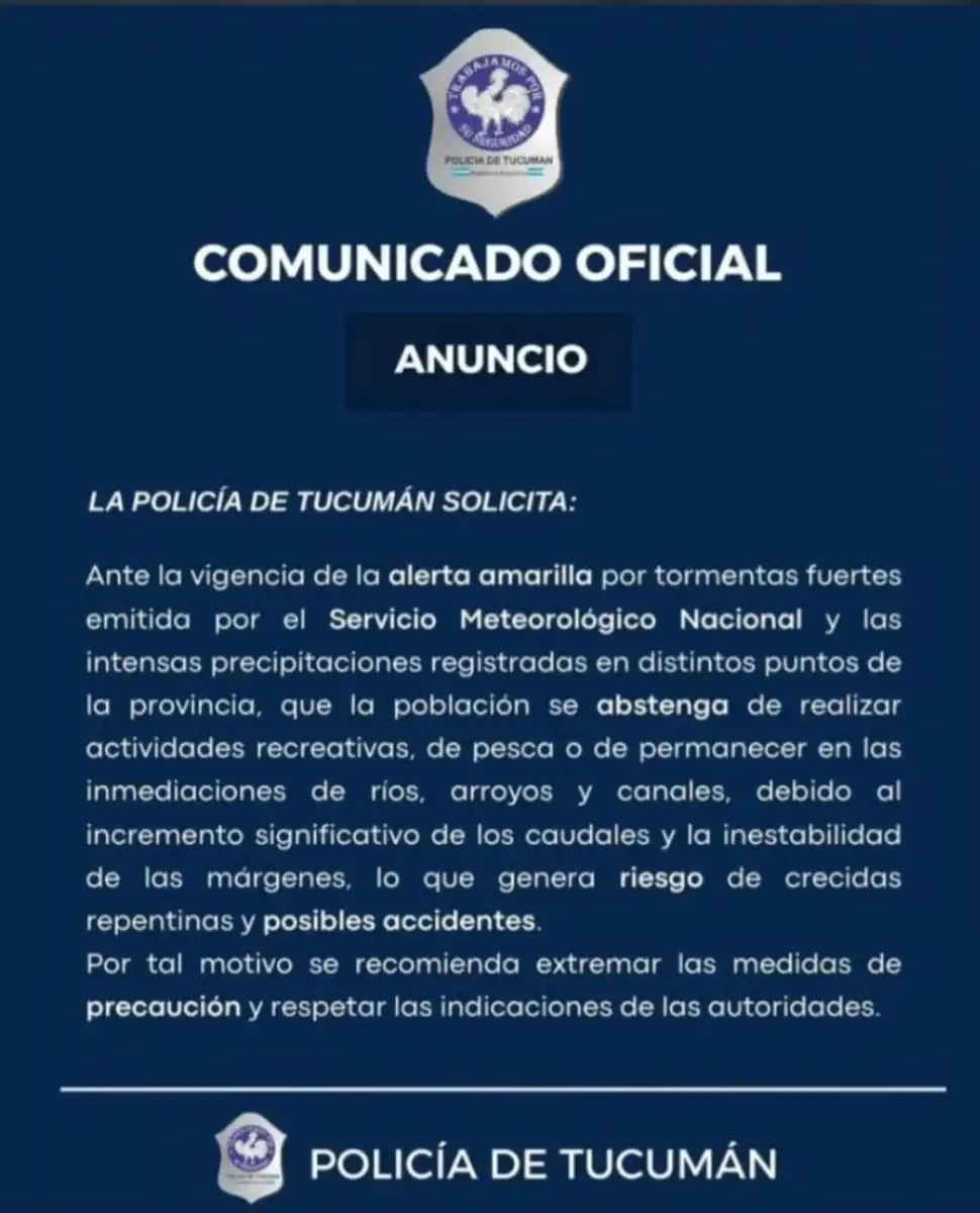 La Policía pidió evitar ríos y canales por las fuertes lluvias en Tucumán