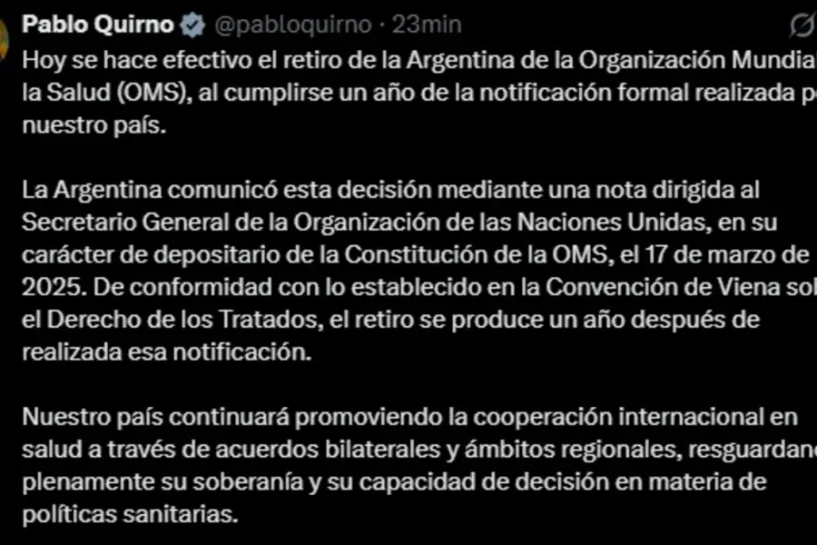 La Argentina formalizó su salida de la Organización Mundial de la Salud, a un año de la notificación oficial