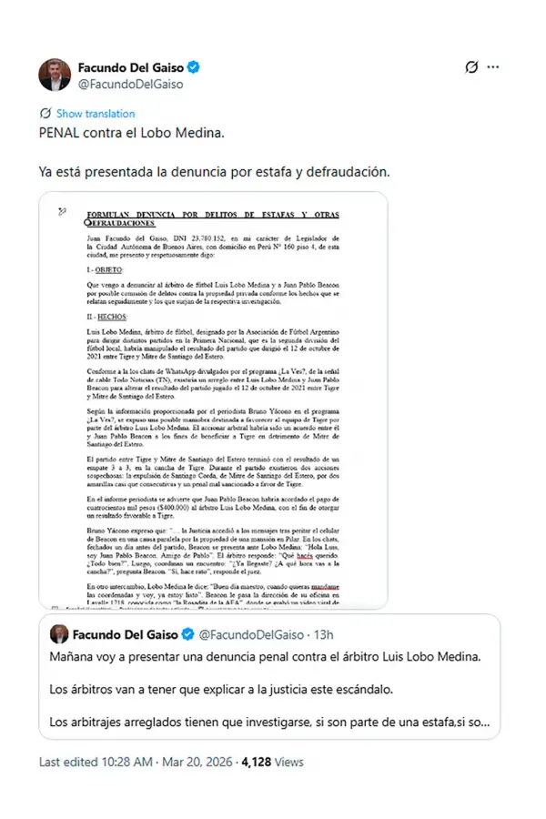 Denuncian al árbitro Lobo Medina por presunto arreglo de partido en la Primera Nacional