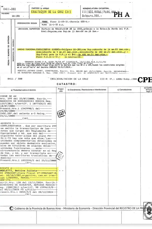 DOCUMENTACIÓN. El registro inmobiliario revela que la propiedad fue adquirida por Betina Angeletti.