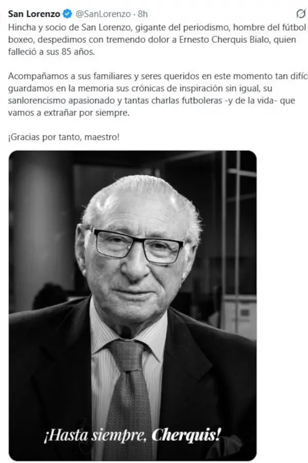 Socio e hincha apasionado: el sentido adiós de un club del fútbol argentino a Ernesto Cherquis Bialo