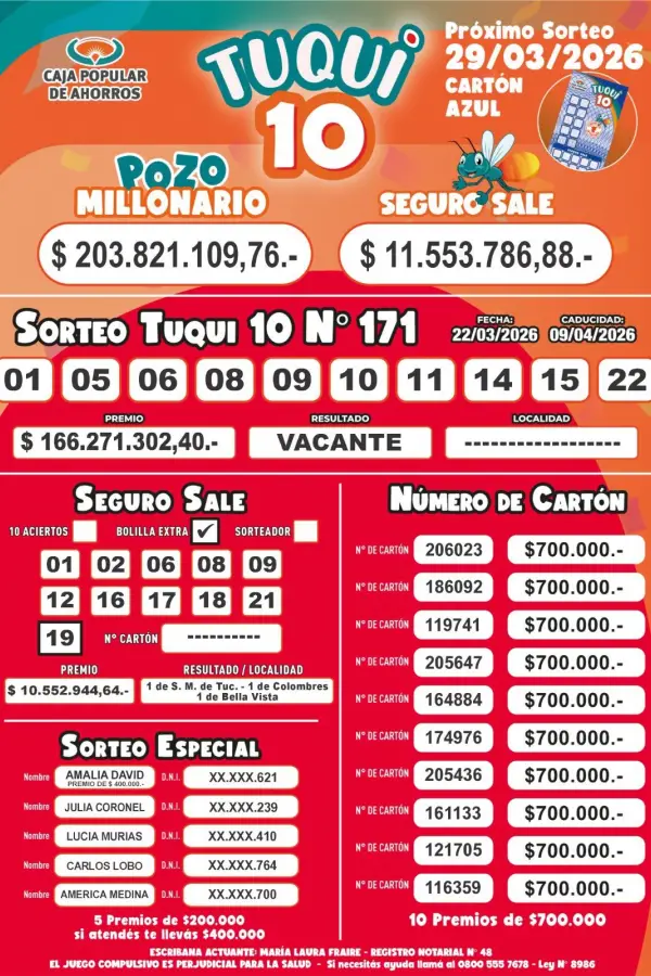 Tuqui 10: cómo salió el sorteo de este domingo 22 de marzo