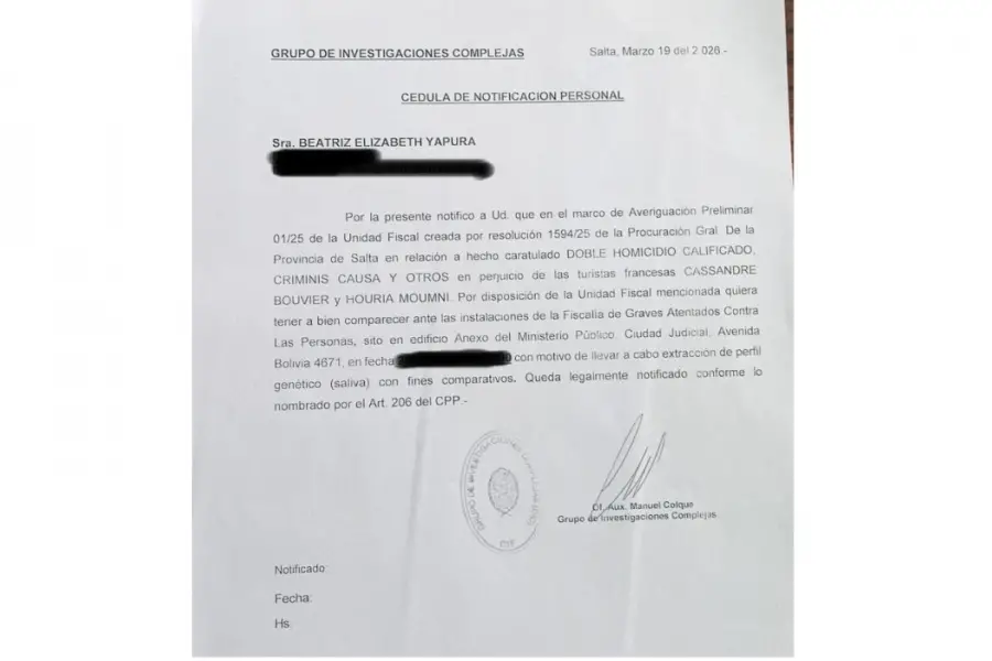La citación de la Justicia a Beatriz Elizabeth Yapura