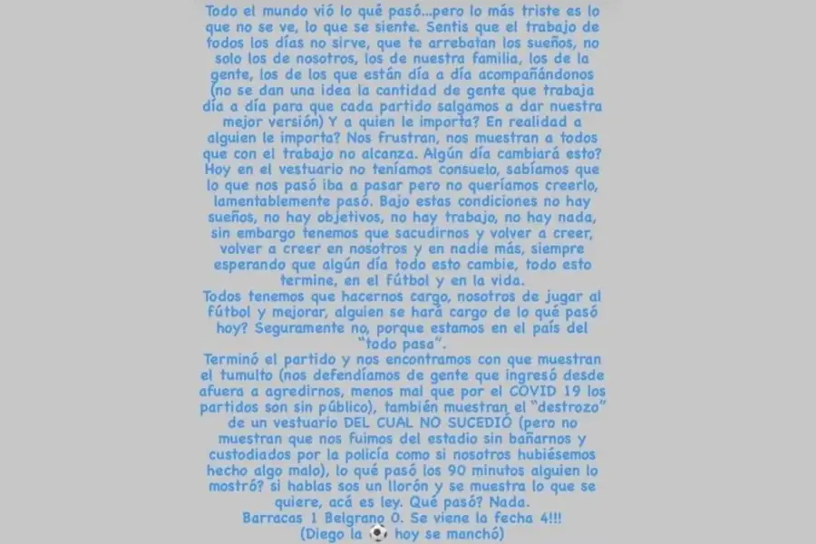 DESCARGO. Las palabras de Pablo Vegetti tras es el partido entre Barracas Central y Belgrano a través de sus redes sociales.