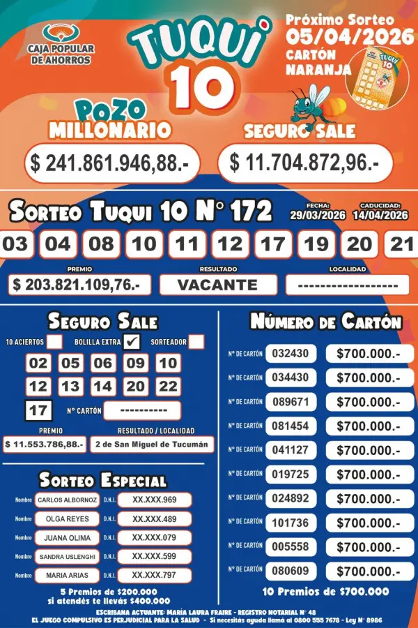 Tuqui 10: conocé los resultados del sorteo de este 29 de marzo