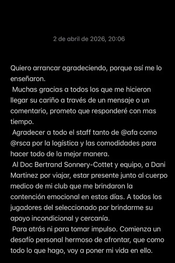 El emotivo posteo de Joaquín Panichelli tras ser operado de la lesión que lo sacó del Mundial 2026