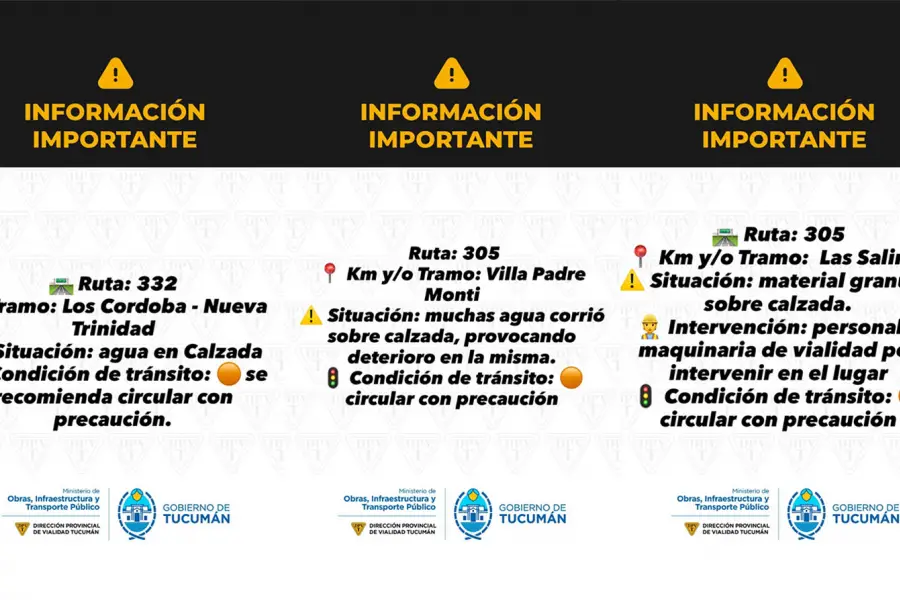 INFORME. Desde su cuenta de IG, el DPV actualiza los estados de las rutas de Tucumán.