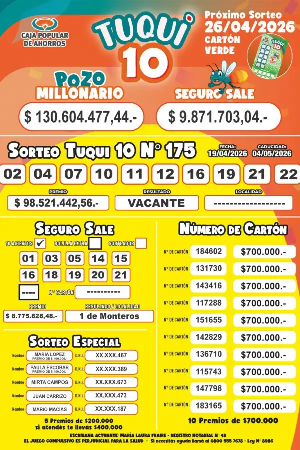 Tuqui 10: conocé los números sorteados este domingo 19 de abril