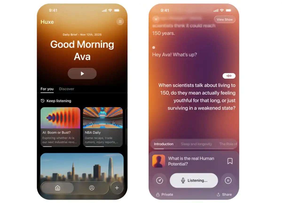 HUXE. La app utiliza inteligencia artificial para convertir información diaria en audios personalizados con formato de podcast.
