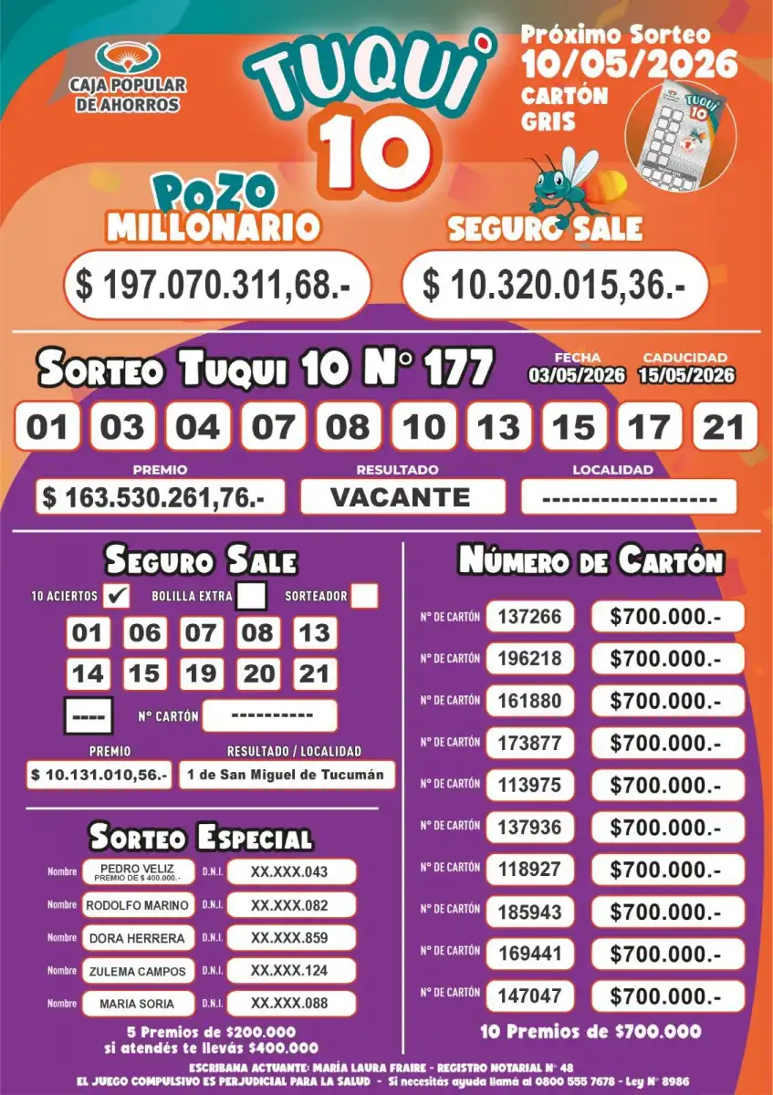 Tuqui 10: cómo salió el sorteo este domingo 3 de mayo