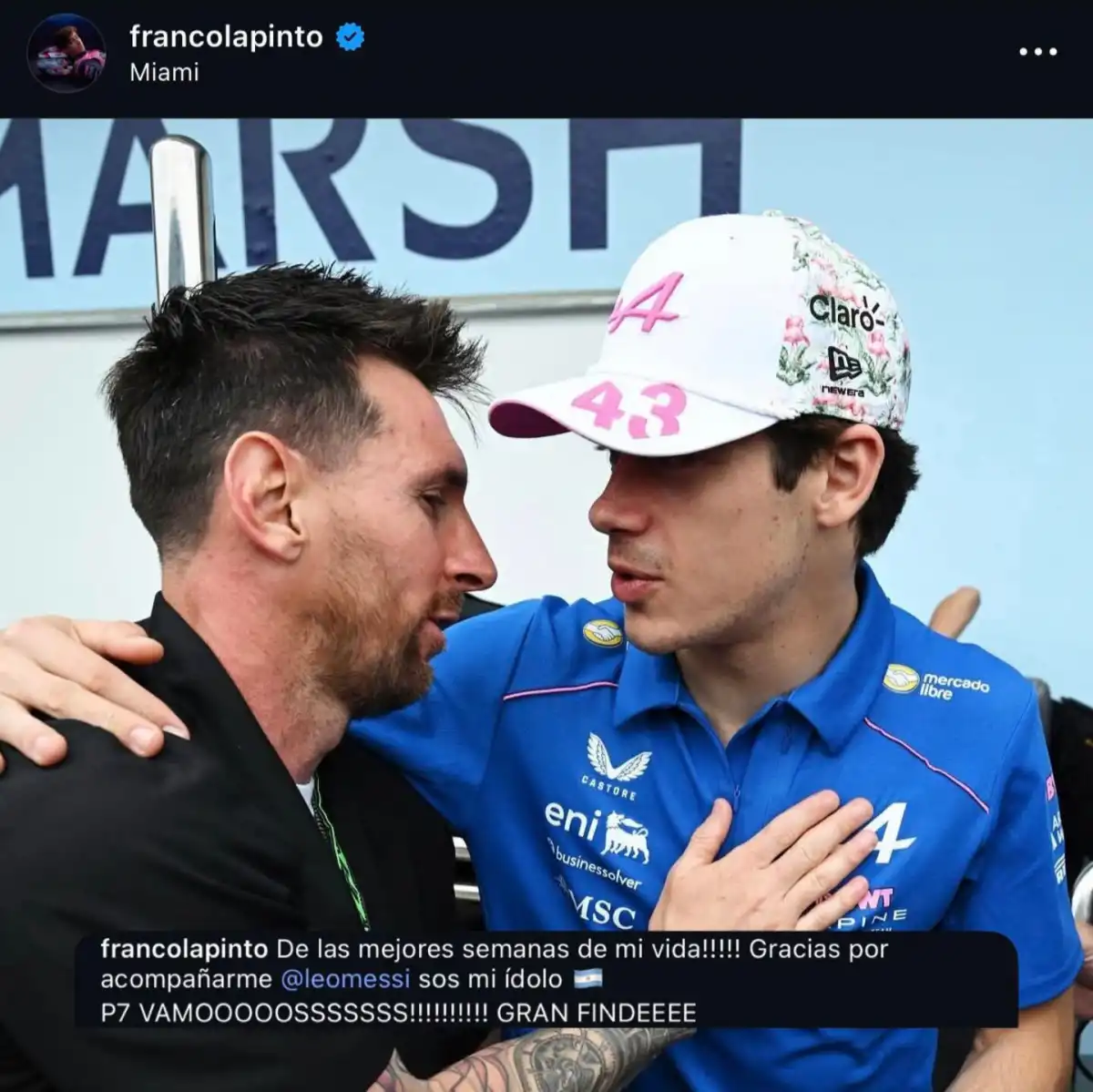 La reacción de Franco Colapinto tras el 7° puesto en el GP de Miami y su mensaje especial a Lionel Messi