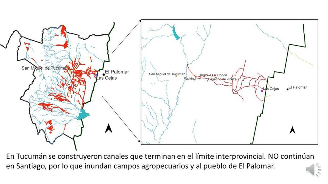 EL DETALLE EN EL TERRENO. Un mapa sobre la zona Este de la provincia indica los canales de desagüe y riego. Cuando hay lluvias muy fuertes, esa zona se inunda.