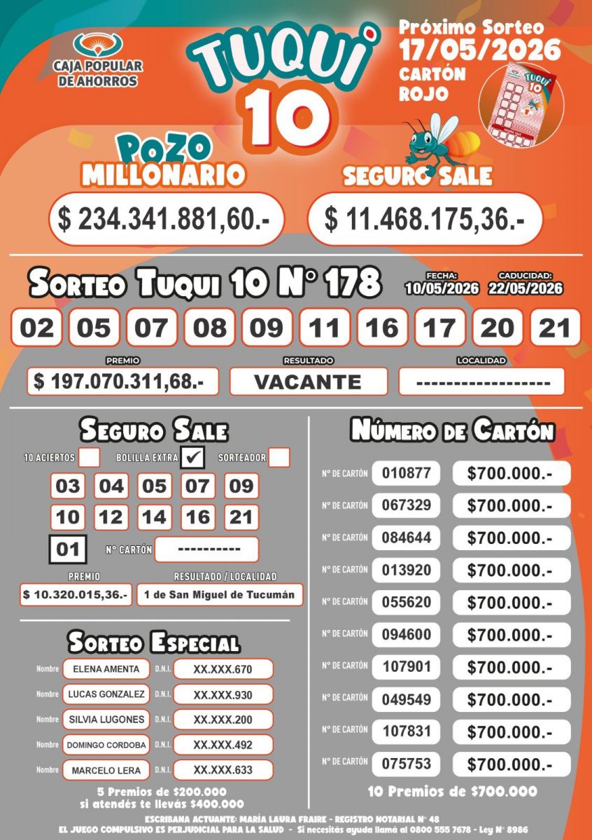 Tuqui 10: conocé el resultado del sorteo de este 10 de mayo