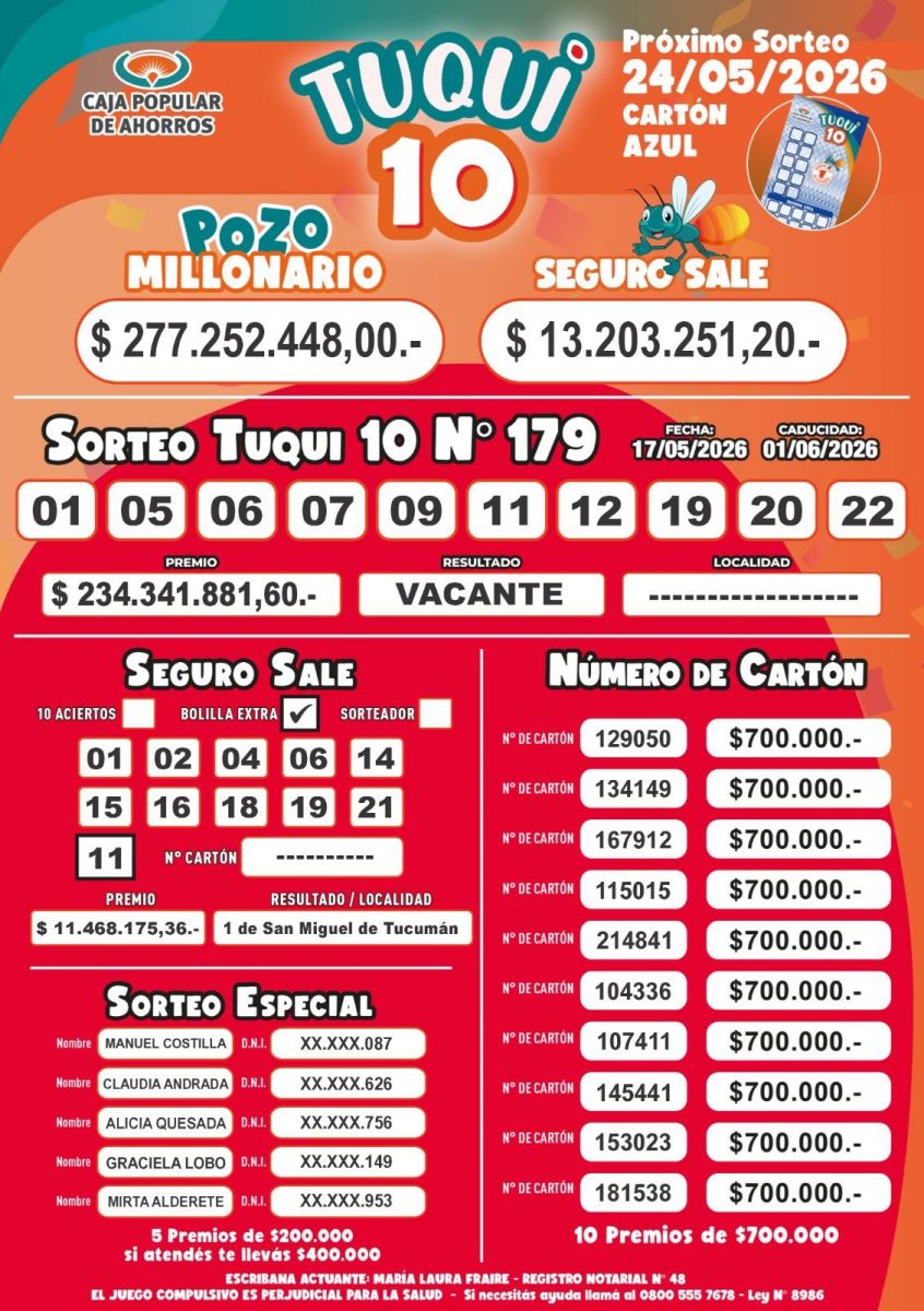 Tuqui 10: cómo salió el sorteo de este 17 de mayo