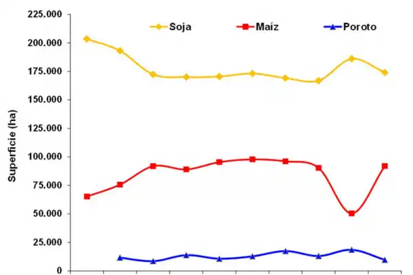 Evolución de la superficie en Tucumán con soja, maíz y poroto en la última década