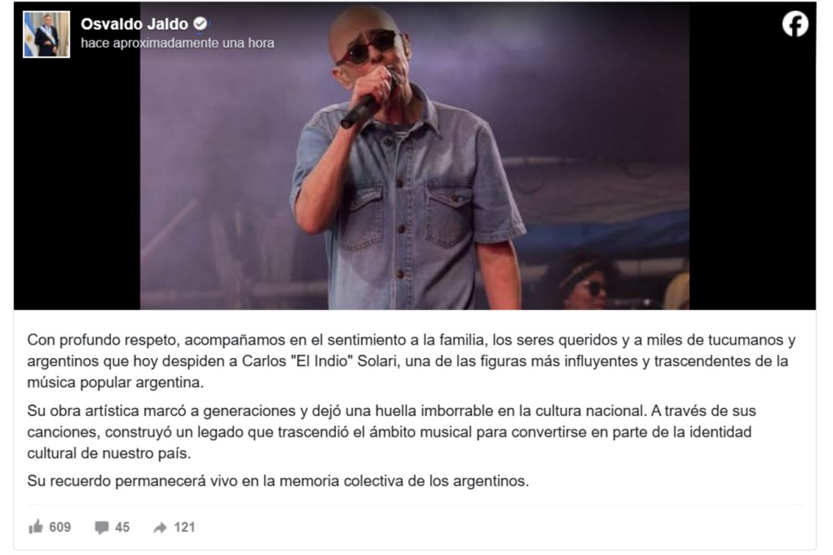 Osvaldo Jaldo recordó a Carlos El Indio Solari: “Su obra artística marcó a generaciones”