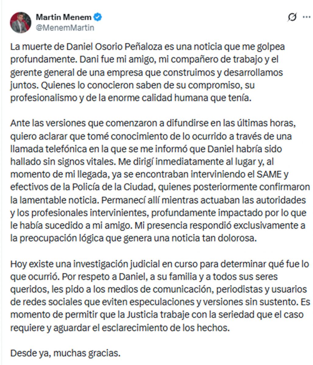 Martín Menem habló sobre Daniel Osorio Peñaloza, encontrado muerto en su departamento