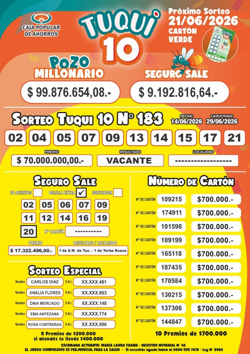 Tuqui 10: cómo salió el sorteo de este domingo 14 de junio