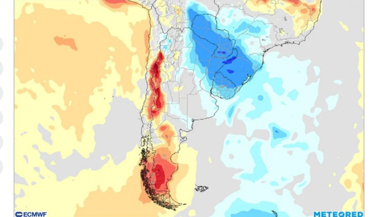 Anomalia de temperaturas previstas para la semana del 15 al 22 de junio en Argentina. Es notorio el enfriamiento en el NEA, y el calentamiento en la Patagonia y el oeste de Cuyo.