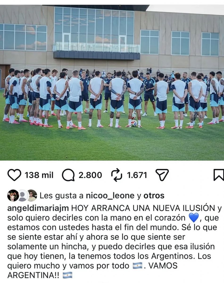 El posteo de Ángel di María en la previa a la Copa del Mundo.