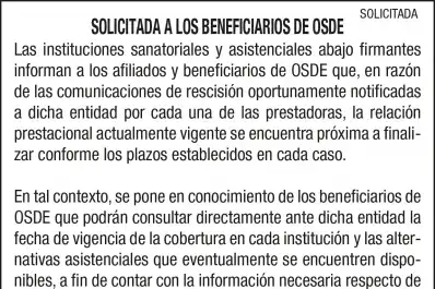 Solicitada: a los beneficiarios de OSDE