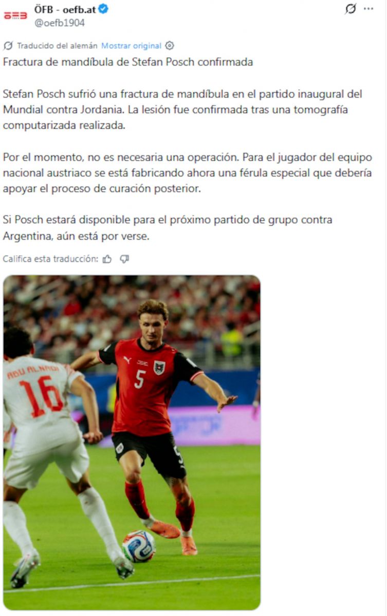 Un jugador de Austria sufrió una fractura de mandíbula y está en duda para enfrentar a Argentina