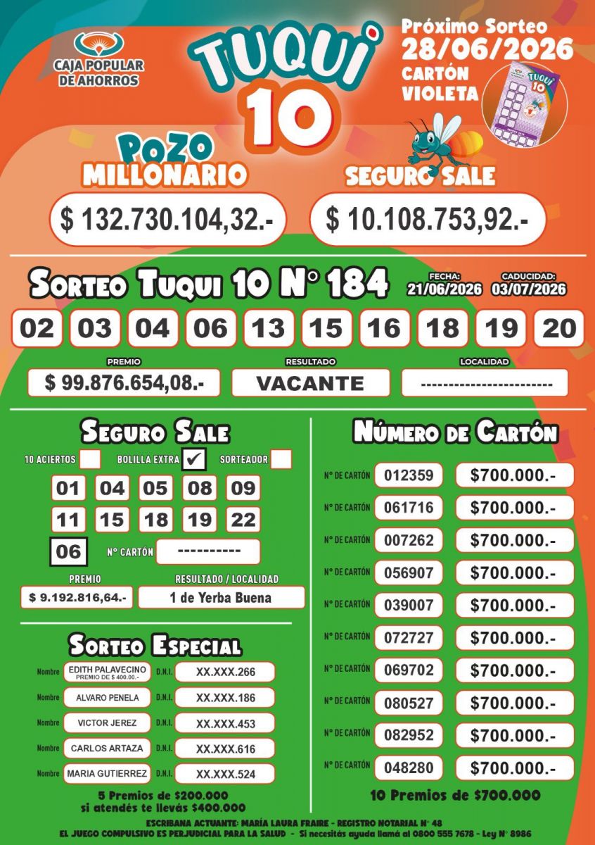 TUQUI 10. Los número sorteados este 21 de junio