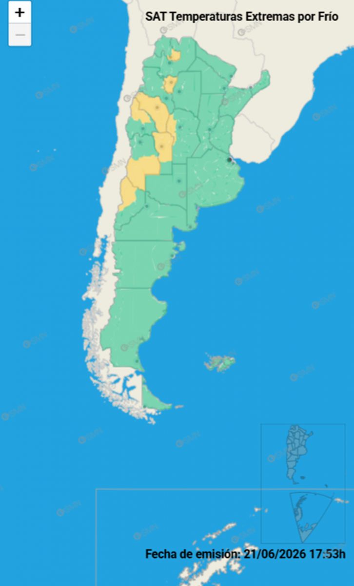 Mapa del frío extremo en Argentina.