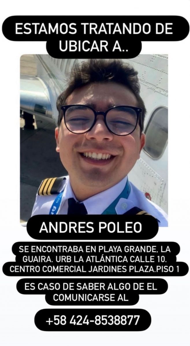 DESAPARECIDO. María Russian compartió imágenes en sus redes de Andrés Paleo, un ex compañero de colegio que trabaja como piloto y del que se desconoce su paradero luego del terremoto en Venezuela.