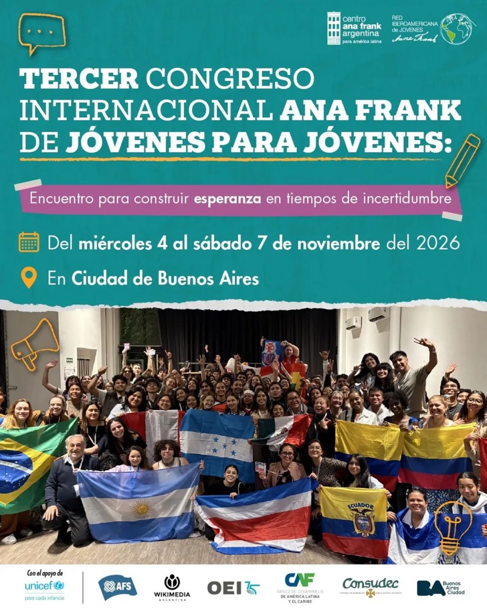 CONGRESO ANA FRANK. El encuentro se realizará del 4 al 7 de noviembre en Buenos Aires y ofrece becas para facilitar la participación de jóvenes de hasta 25 años.