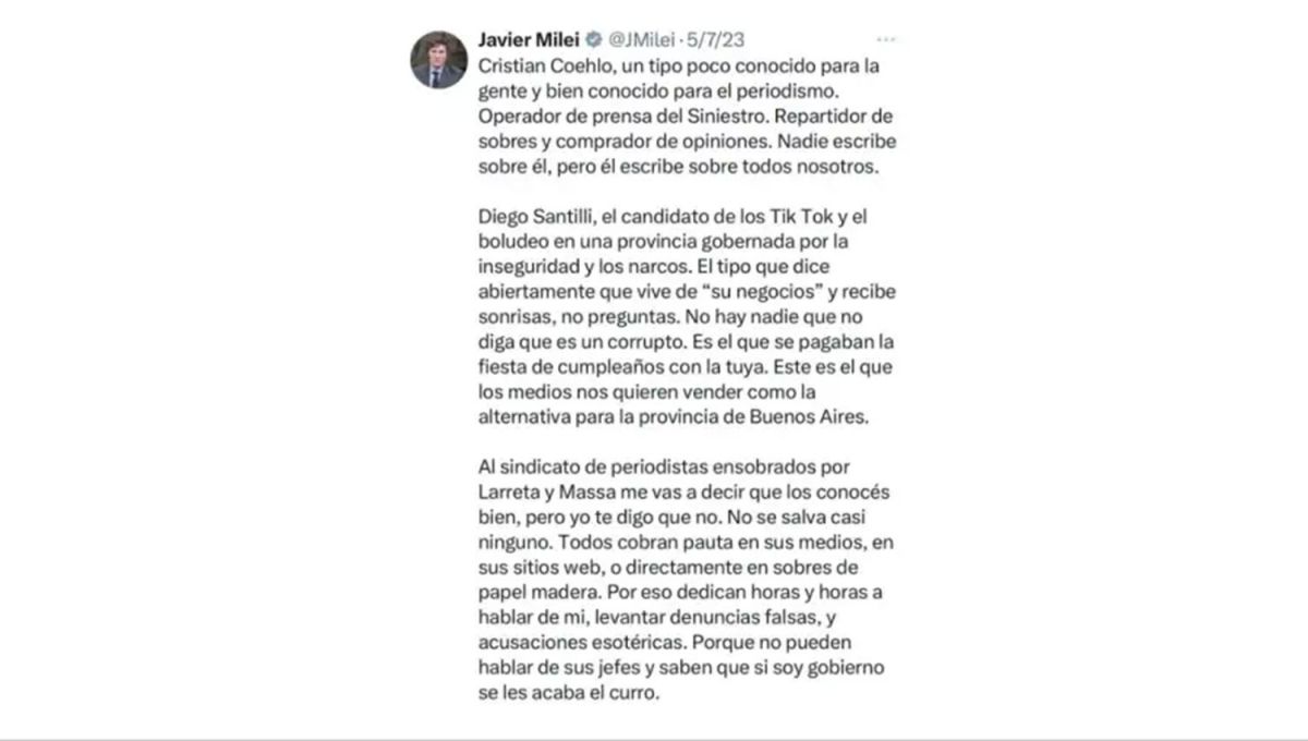 CUESTIONAMIENTOS DEL PASADO. Javier Milei atacó con crudeza a Santilli durante las internas por las elecciones bonaerenses de 2023.