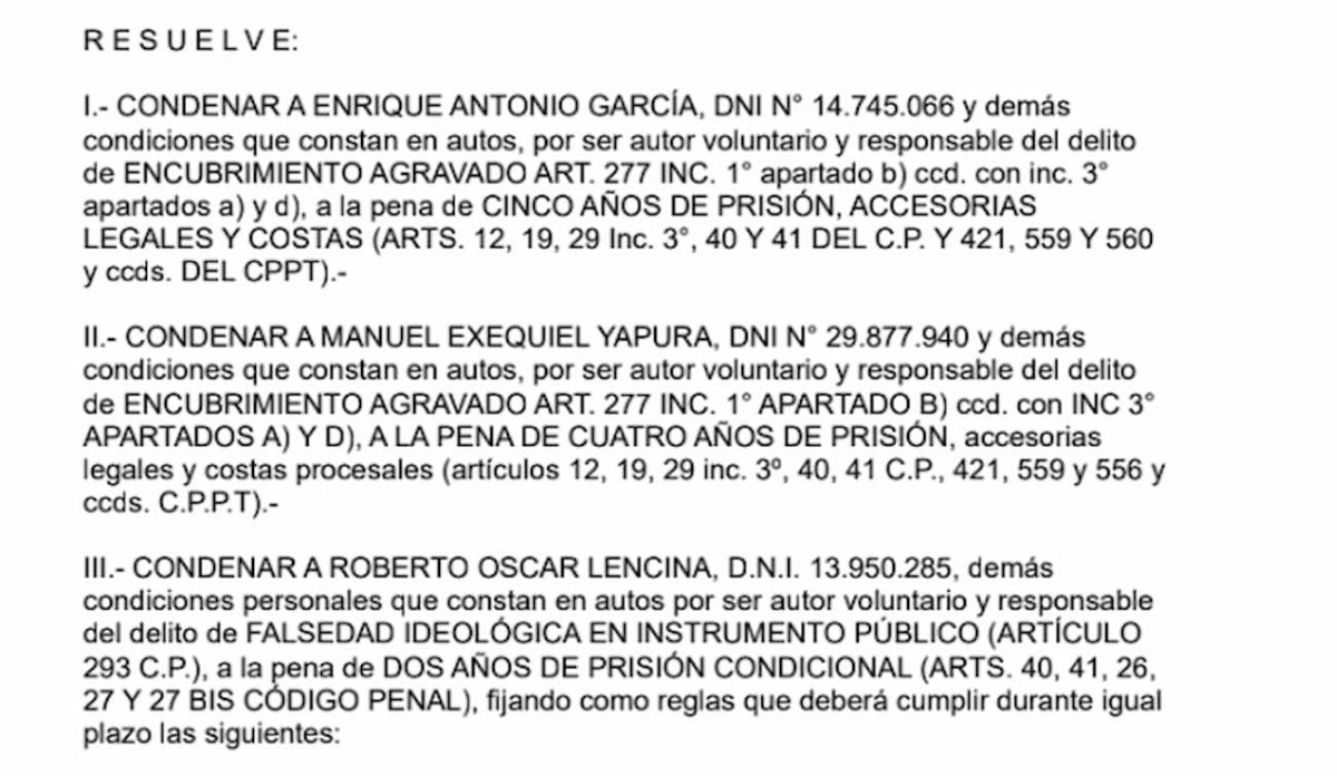 Fragmento de sentencia contra Enrique Antonio García, Manuel Exequiel Yapura y Roberto Oscar Lencina.