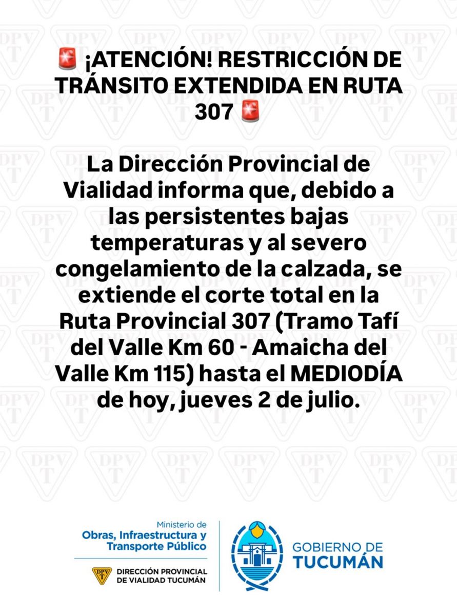 Cortaron el tránsito por la ruta 307 debido al congelamiento de la calzada