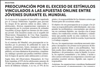 Solicitada: Preocupación por el exceso de estímulos vinculados a las apuestas online entre jóvenes durante el Mundial