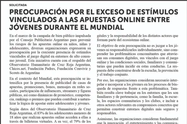 Solicitada: Preocupación por el exceso de estímulos vinculados a las apuestas online entre jóvenes durante el Mundial