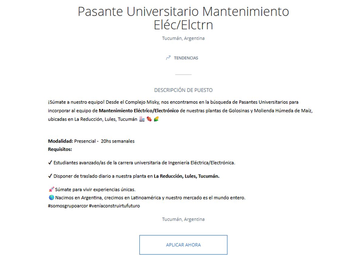 CONVOCATORIA. Grupo ARCOR busca pasantes universitarios para incorporar al equipo de Mantenimiento Eléctrico/Electrónico.
